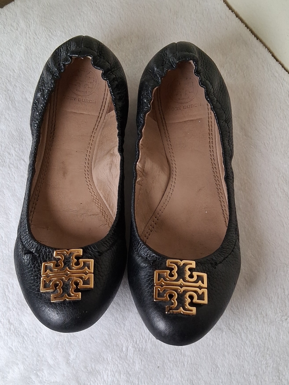 Tory Burch Black Leather Logo Ballet Flats with Gold Emblem